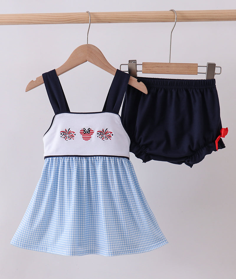 Blue Character Embroidery Gingham Bloomer Set