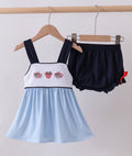 Blue Character Embroidery Gingham Bloomer Set