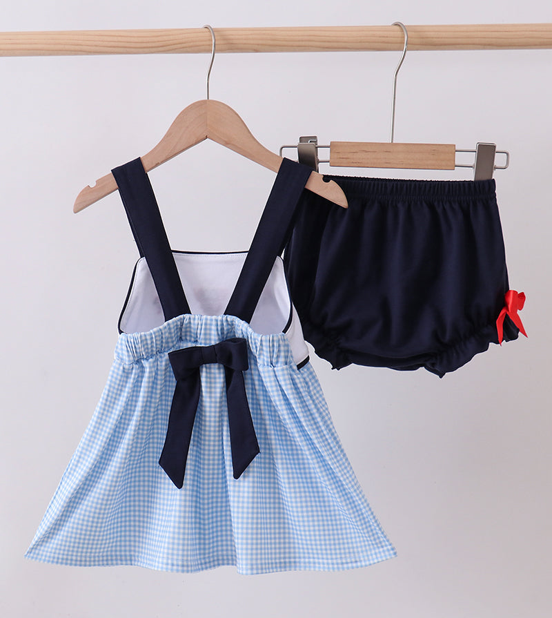 Blue Character Embroidery Gingham Bloomer Set