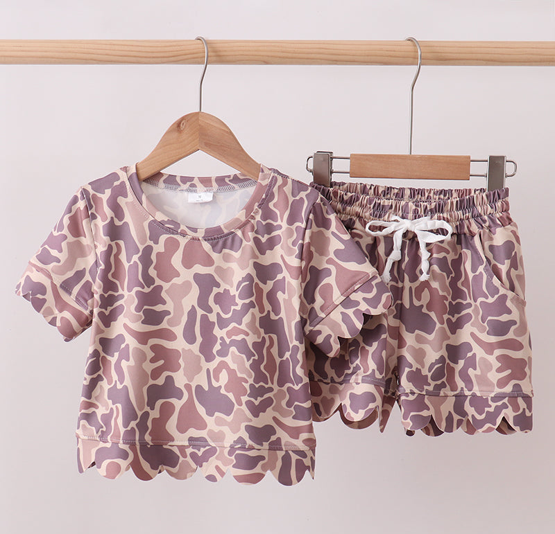 Girls Camo Scalloped Shorts Set
