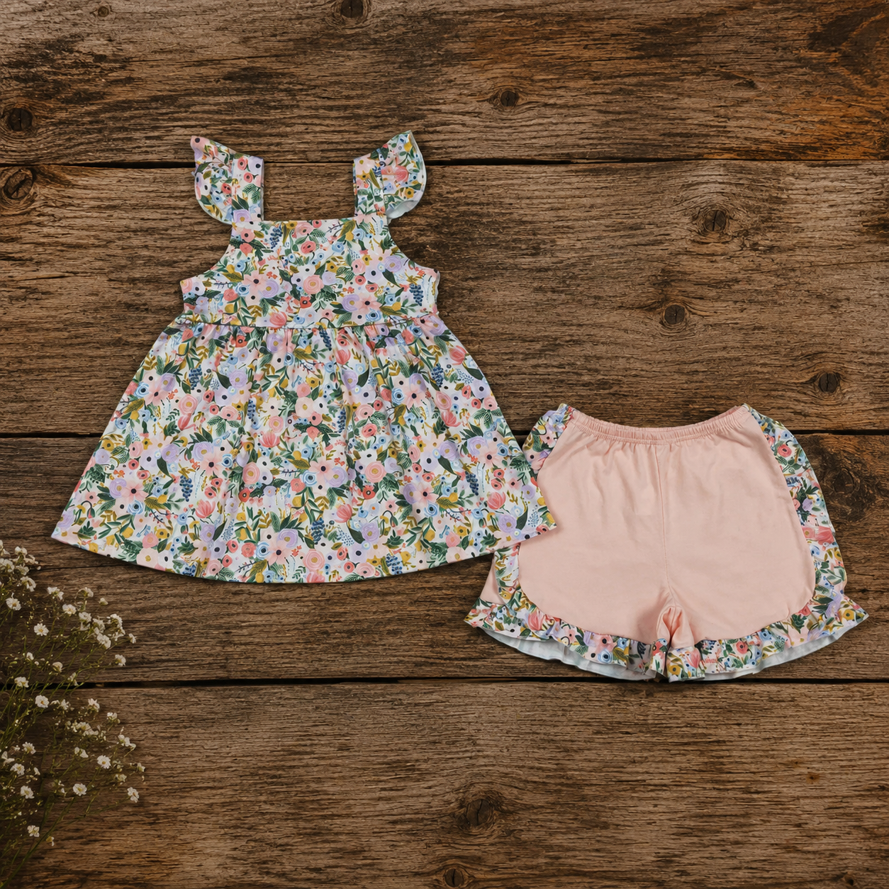 Summer Flower Ruffles Girls Shorts Set
