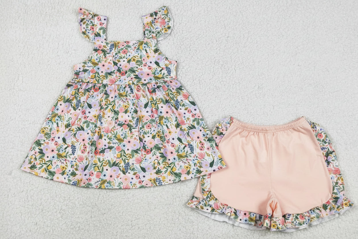 Summer Flower Ruffles Girls Shorts Set