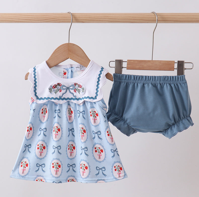 Blue Strawberry Bow Bloomer Set
